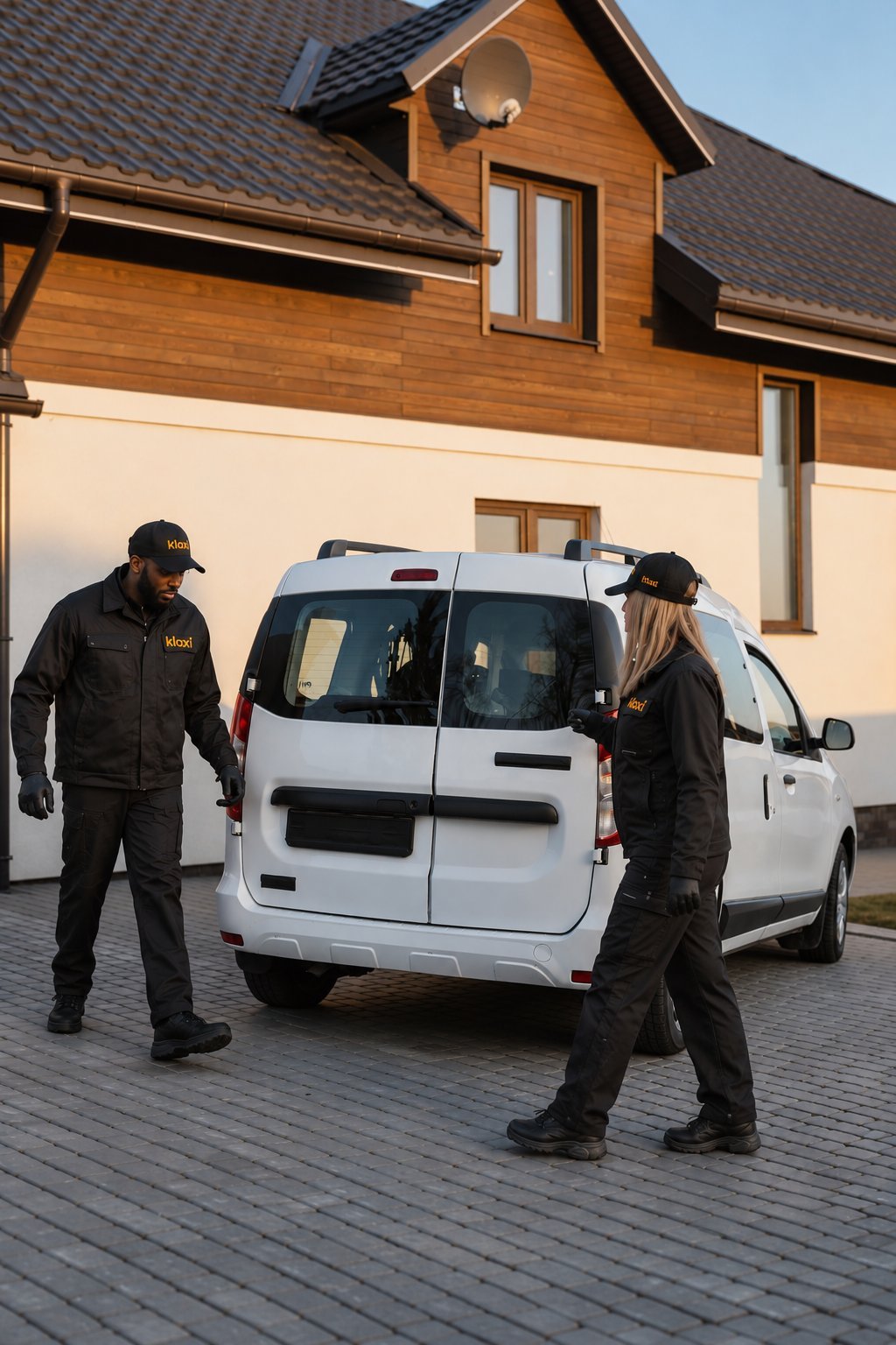 Techniciens Klaxxi et leur véhicule d'intervention devant une habitation